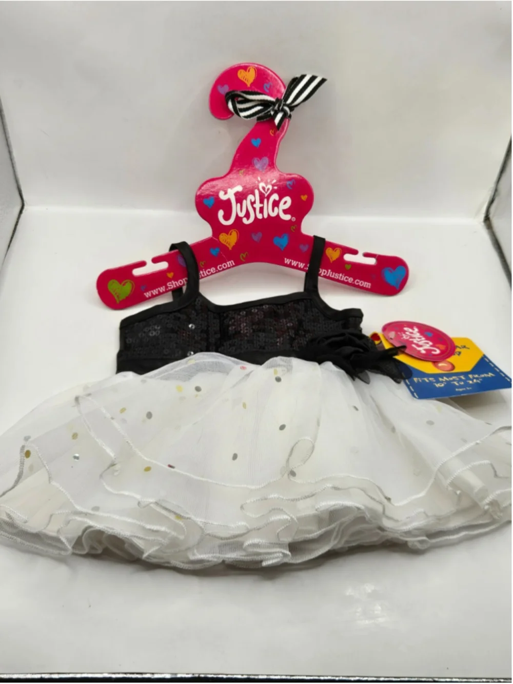 Build A Bear Justice Dress Black Sequin Bodice White Tulle Ruffle Polka Dot NWT